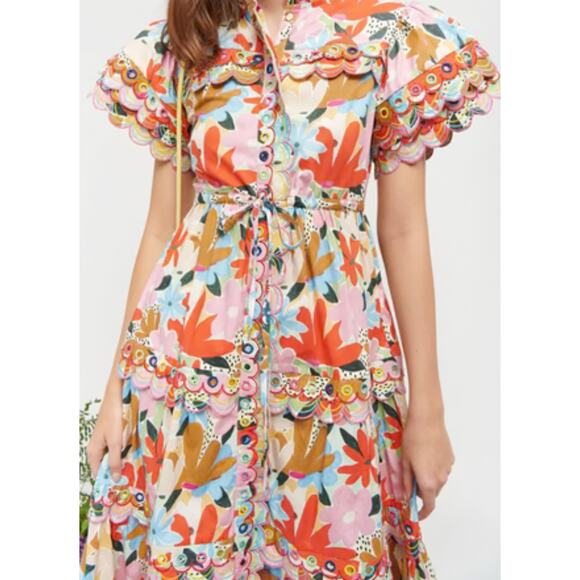 CELIA B Freya Dress Multi Floral Scalloped Edge Midi Shirt Dress Med NEW - Picture 9 of 9